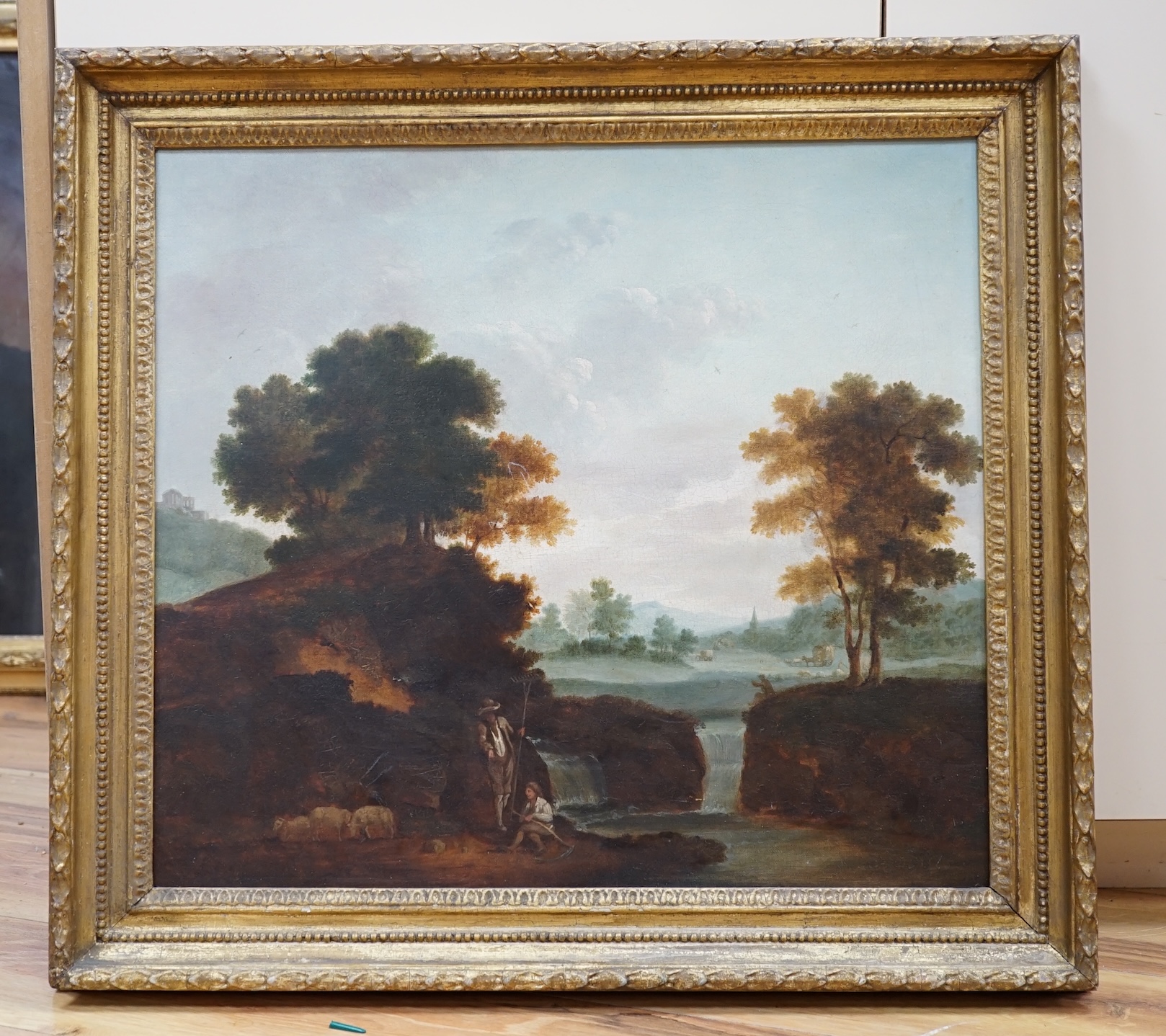 19th century, English school, oil on canvas, Pastoral landscape, 43 x 48cm, gilt frame. Condition - fair, relined